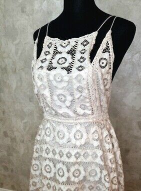 Free People Ivory Lace Strappy Fit & Flare Dress Size 8 Boho Bridal